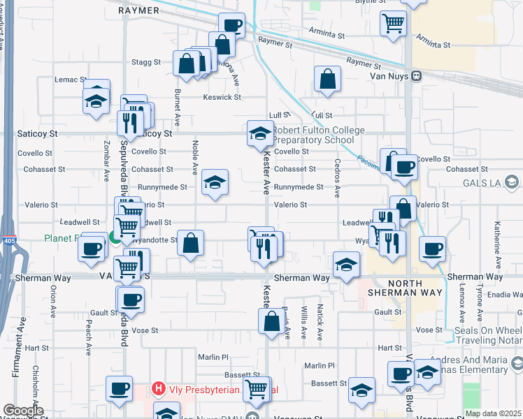 map of restaurants, bars, coffee shops, grocery stores, and more near 14916 Valerio Street in Los Angeles
