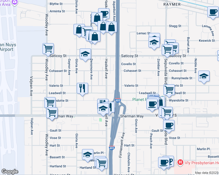 map of restaurants, bars, coffee shops, grocery stores, and more near 7356 Haskell Avenue in Los Angeles