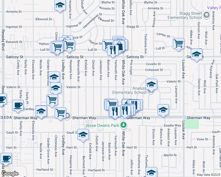 map of restaurants, bars, coffee shops, grocery stores, and more near 17808 Valerio Street in Los Angeles