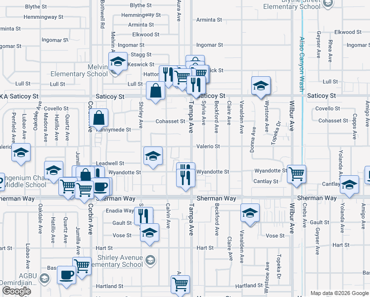 map of restaurants, bars, coffee shops, grocery stores, and more near 19308 Valerio Street in Los Angeles