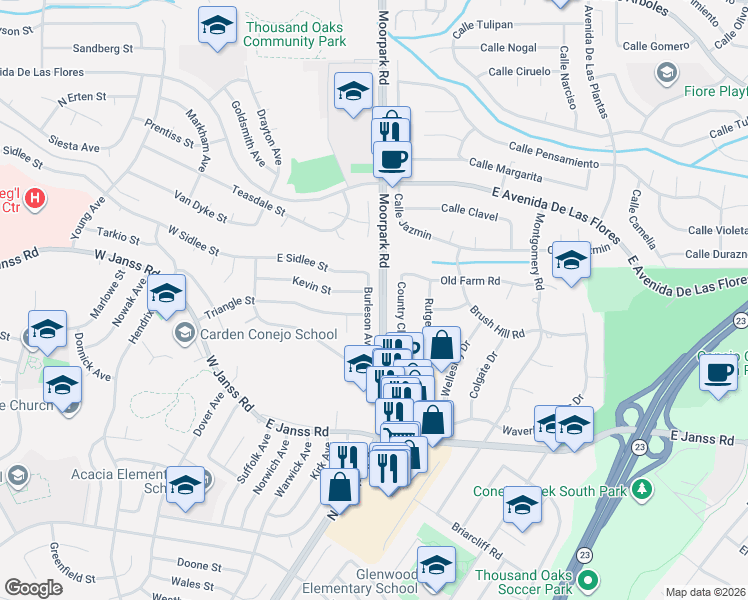 map of restaurants, bars, coffee shops, grocery stores, and more near 486 Kevin Street in Thousand Oaks