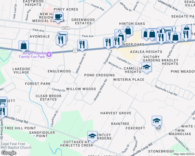 map of restaurants, bars, coffee shops, grocery stores, and more near 5511 Plover Court in Wilmington