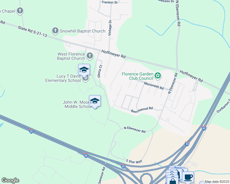 map of restaurants, bars, coffee shops, grocery stores, and more near 353 Wrenfield Road in Florence