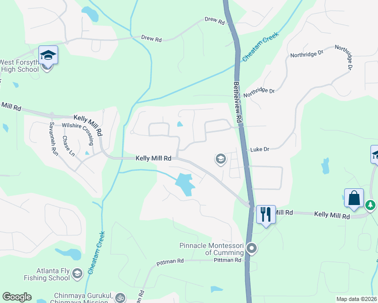 map of restaurants, bars, coffee shops, grocery stores, and more near 4445 Crossland Drive in Cumming