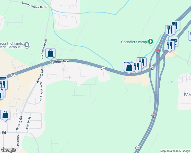 map of restaurants, bars, coffee shops, grocery stores, and more near 5580-5582 Georgia 20 in Cartersville