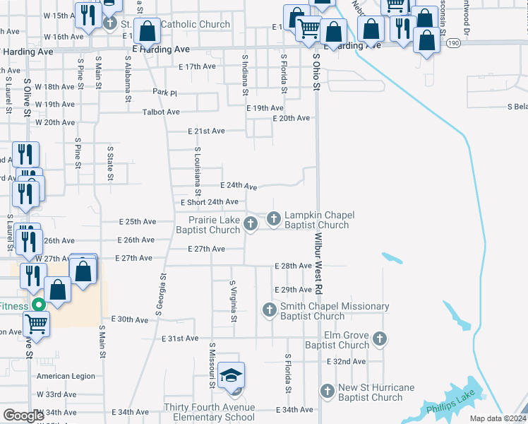map of restaurants, bars, coffee shops, grocery stores, and more near 1102 East 26th Avenue in Pine Bluff