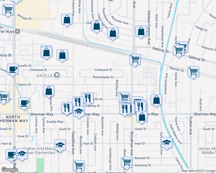 map of restaurants, bars, coffee shops, grocery stores, and more near 13840 Valerio Street in Los Angeles