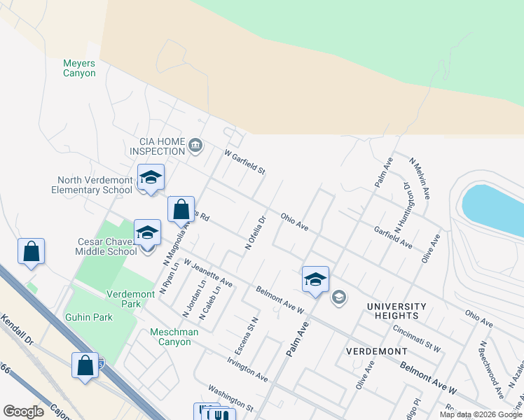 map of restaurants, bars, coffee shops, grocery stores, and more near 6792 North Ofelia Drive in San Bernardino