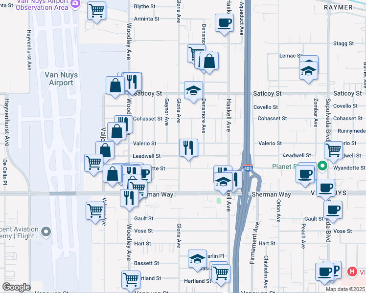 map of restaurants, bars, coffee shops, grocery stores, and more near 15852 Valerio Street in Los Angeles
