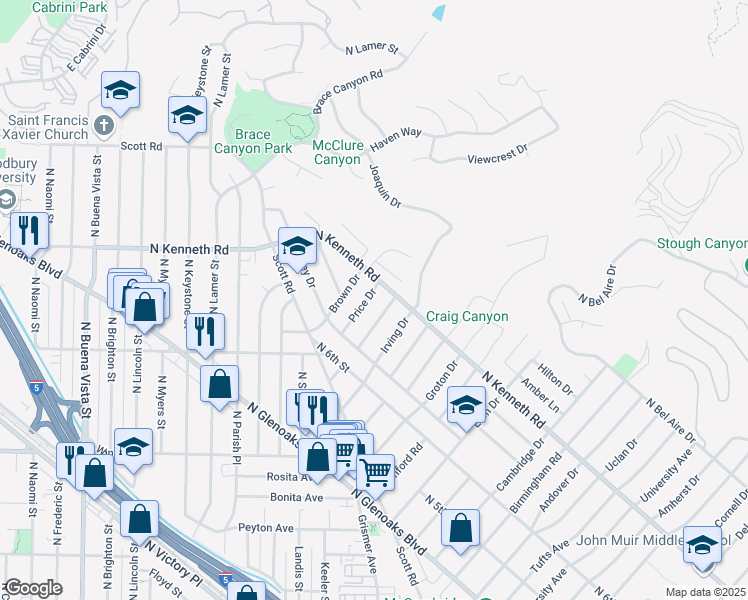 map of restaurants, bars, coffee shops, grocery stores, and more near 724 Price Drive in Burbank