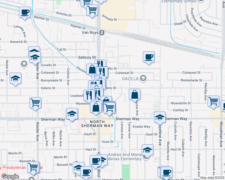 map of restaurants, bars, coffee shops, grocery stores, and more near 14400 Valerio Street in Van Nuys