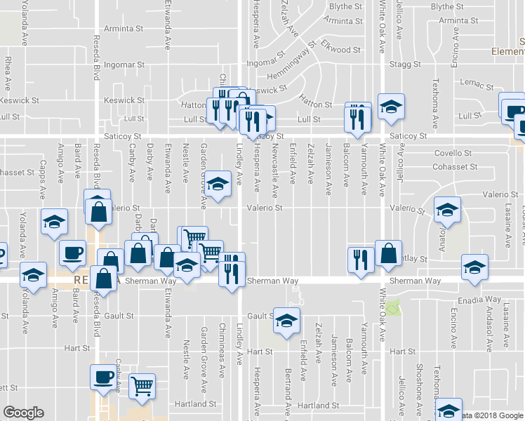 map of restaurants, bars, coffee shops, grocery stores, and more near 7360 Hesperia Ave in Reseda