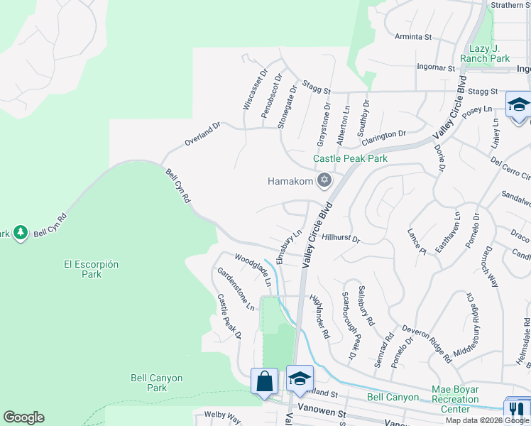 map of restaurants, bars, coffee shops, grocery stores, and more near 24592 Indian Hill Lane in Los Angeles