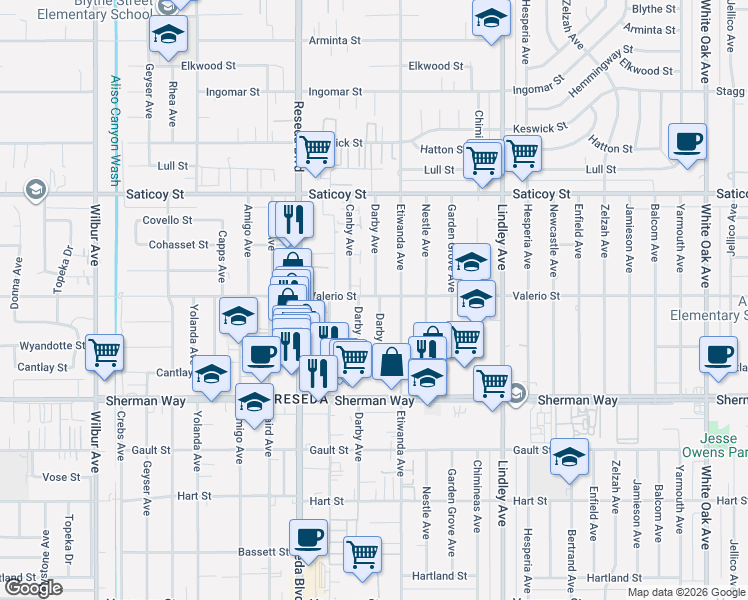 map of restaurants, bars, coffee shops, grocery stores, and more near 7357 Darby Place in Los Angeles
