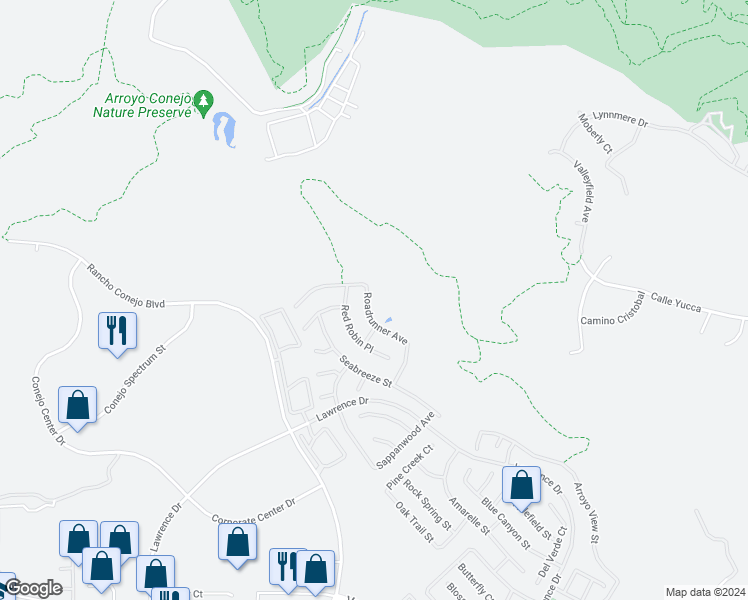 map of restaurants, bars, coffee shops, grocery stores, and more near 1947 Roadrunner Avenue in Thousand Oaks