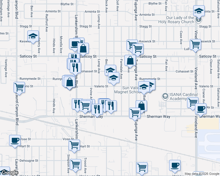 map of restaurants, bars, coffee shops, grocery stores, and more near 11510 Valerio Street in Los Angeles