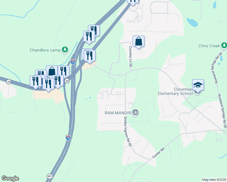 map of restaurants, bars, coffee shops, grocery stores, and more near 91 Somerset Club Drive Southeast in Cartersville