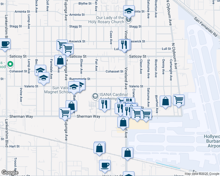 map of restaurants, bars, coffee shops, grocery stores, and more near 11102 Valerio Street in Los Angeles