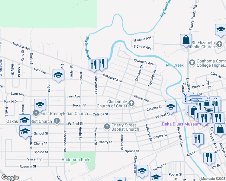 map of restaurants, bars, coffee shops, grocery stores, and more near 416 Maple Avenue in Clarksdale
