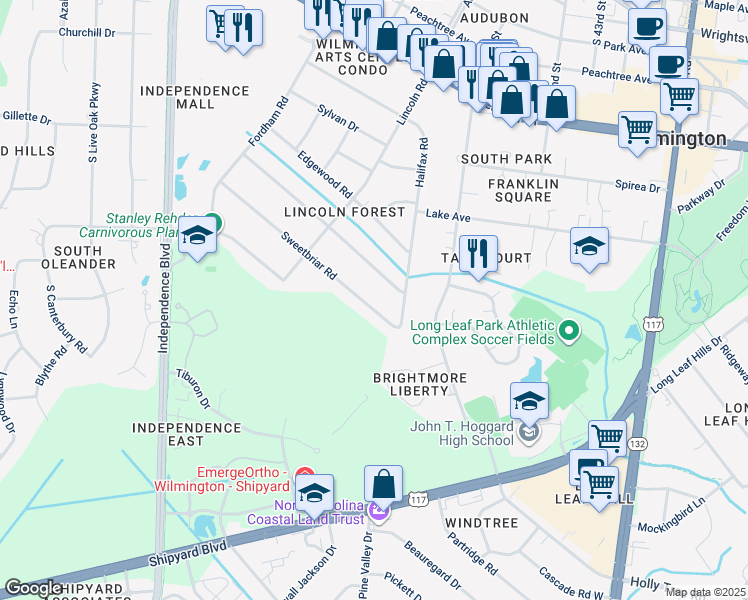 map of restaurants, bars, coffee shops, grocery stores, and more near 3941 Sweetbriar Road in Wilmington