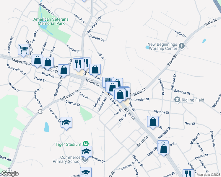 map of restaurants, bars, coffee shops, grocery stores, and more near 1828 North Broad Street in Commerce