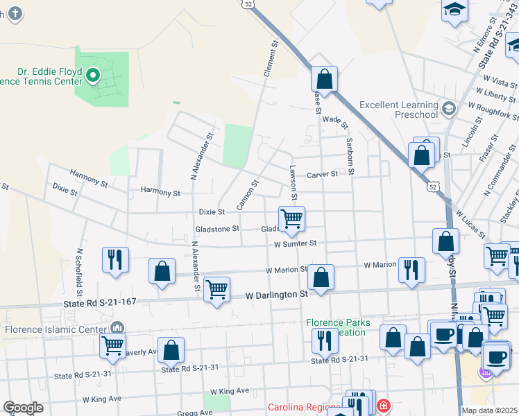 map of restaurants, bars, coffee shops, grocery stores, and more near 803 Dixie Street in Florence