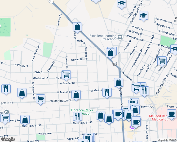 map of restaurants, bars, coffee shops, grocery stores, and more near 600 Sanborn Street in Florence