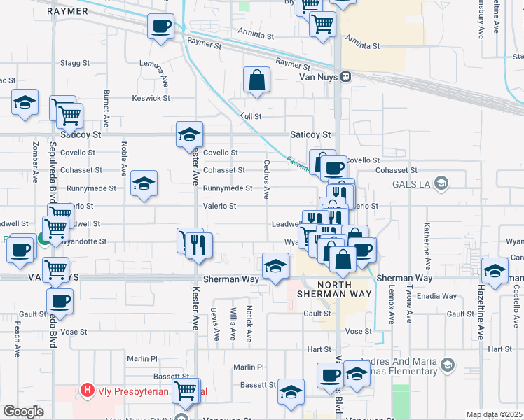 map of restaurants, bars, coffee shops, grocery stores, and more near 14710 Valerio Street in Los Angeles