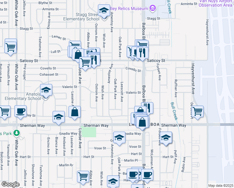 map of restaurants, bars, coffee shops, grocery stores, and more near 7358 Oak Park Avenue in Los Angeles