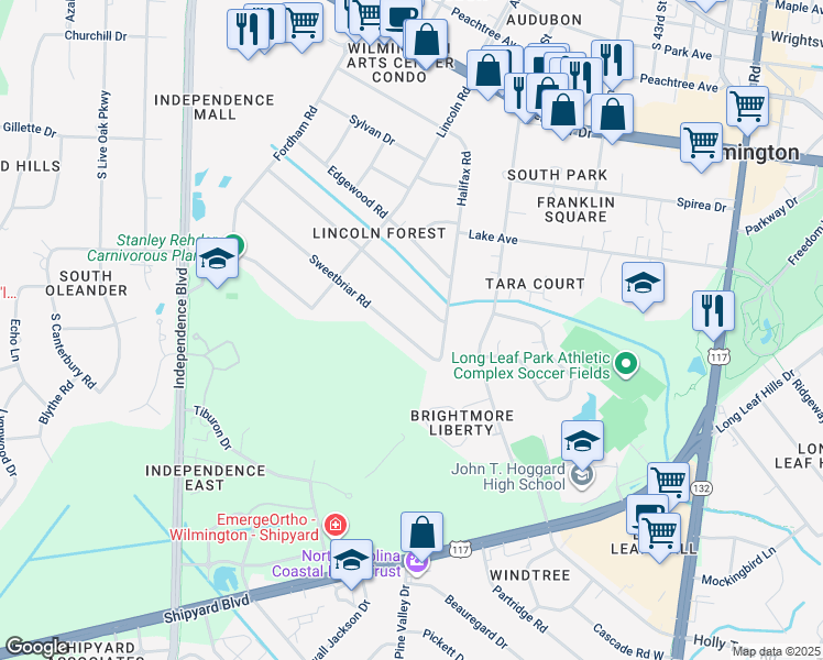 map of restaurants, bars, coffee shops, grocery stores, and more near 3941 Sweetbriar Road in Wilmington