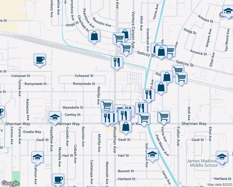 map of restaurants, bars, coffee shops, grocery stores, and more near 7354 Woodman Avenue in Los Angeles
