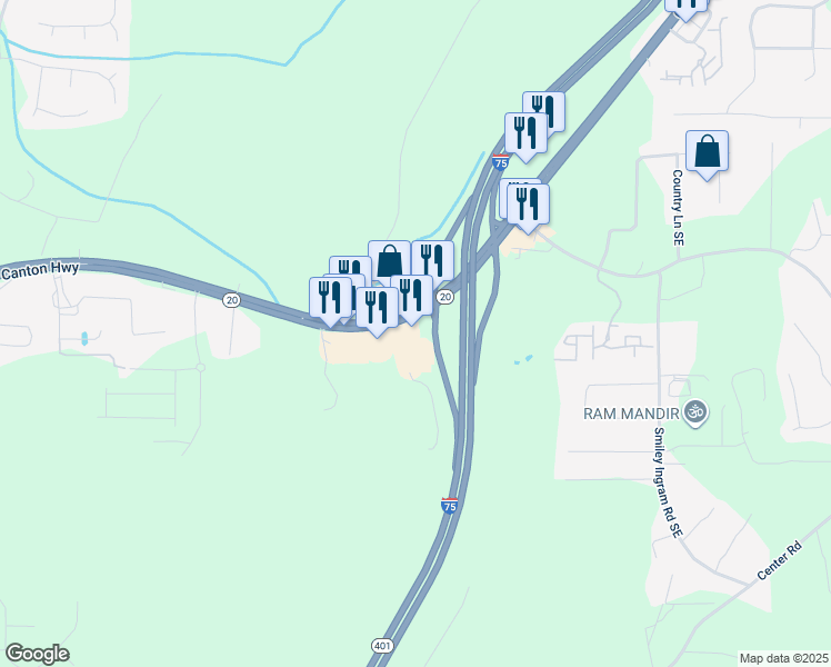 map of restaurants, bars, coffee shops, grocery stores, and more near 5630 Georgia 20 in Cartersville