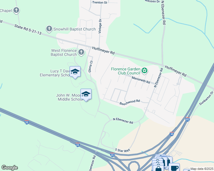 map of restaurants, bars, coffee shops, grocery stores, and more near 353 Wrenfield Road in Florence