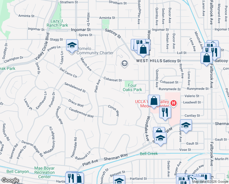 map of restaurants, bars, coffee shops, grocery stores, and more near 23280 Valerio Street in Los Angeles
