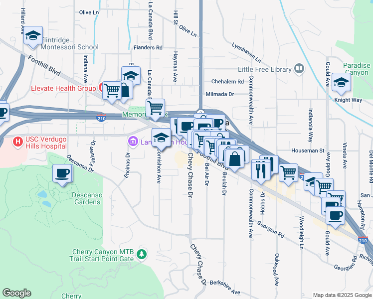 map of restaurants, bars, coffee shops, grocery stores, and more near 1030 Foothill Boulevard in La Cañada Flintridge