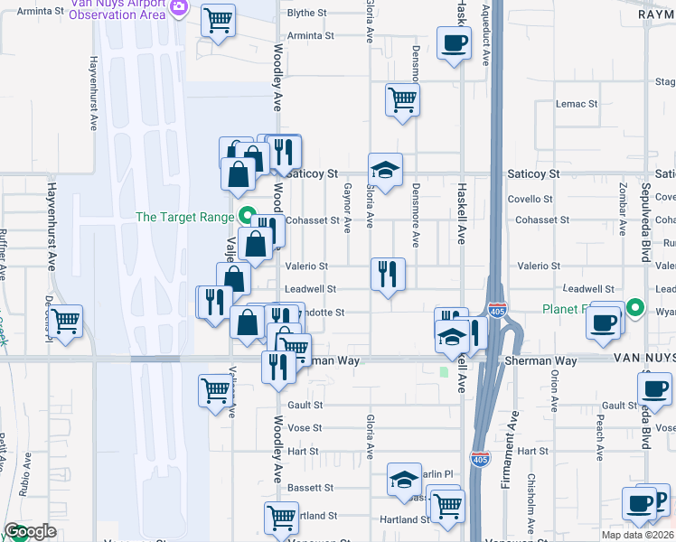 map of restaurants, bars, coffee shops, grocery stores, and more near 15932 Valerio Street in Los Angeles