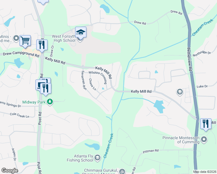 map of restaurants, bars, coffee shops, grocery stores, and more near 4810 Wilshire Crossing in Cumming