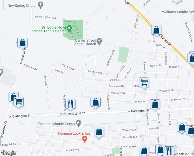 map of restaurants, bars, coffee shops, grocery stores, and more near 1019 Dixie Street in Florence