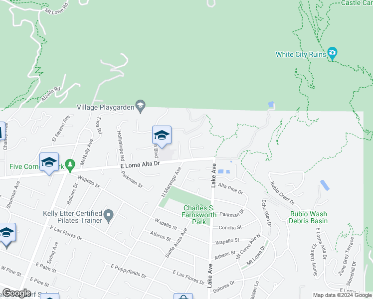 map of restaurants, bars, coffee shops, grocery stores, and more near 3539 Monterosa Drive in Altadena