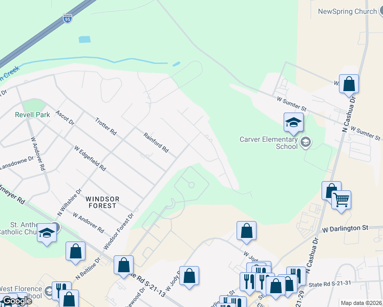 map of restaurants, bars, coffee shops, grocery stores, and more near 2494 Abbey Way in Florence