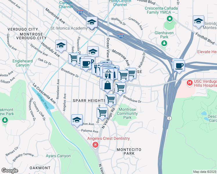 map of restaurants, bars, coffee shops, grocery stores, and more near 1740 Broadview Drive in Glendale