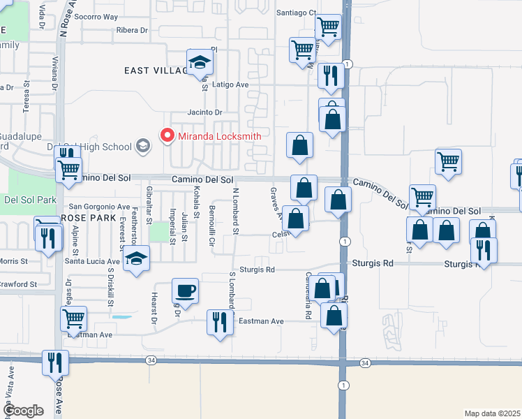 map of restaurants, bars, coffee shops, grocery stores, and more near 400 Lombard Street in Oxnard