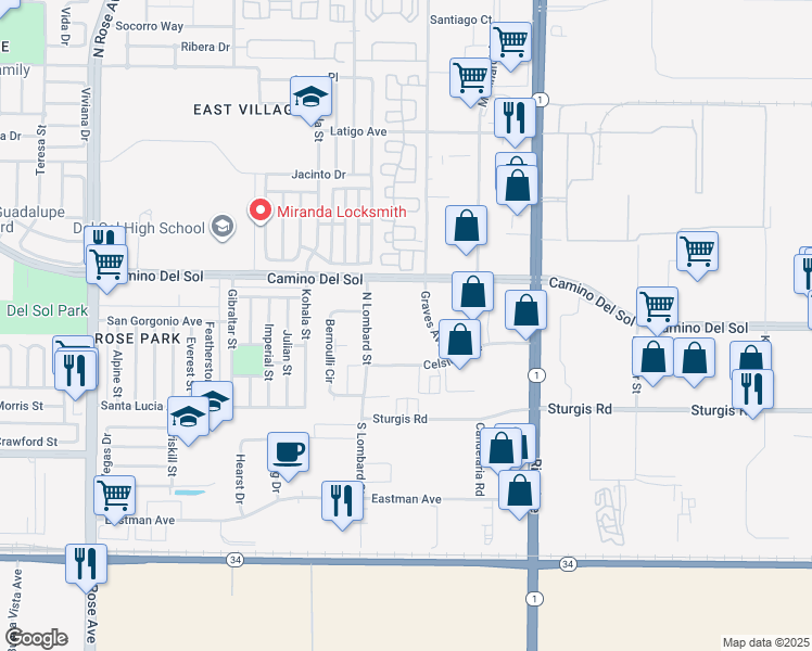 map of restaurants, bars, coffee shops, grocery stores, and more near 400 Lombard Street in Oxnard