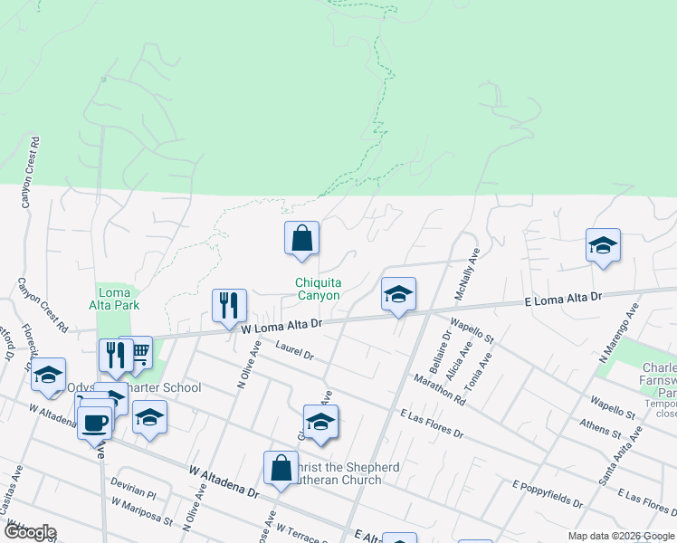 map of restaurants, bars, coffee shops, grocery stores, and more near 3558 Leilani Way in Altadena