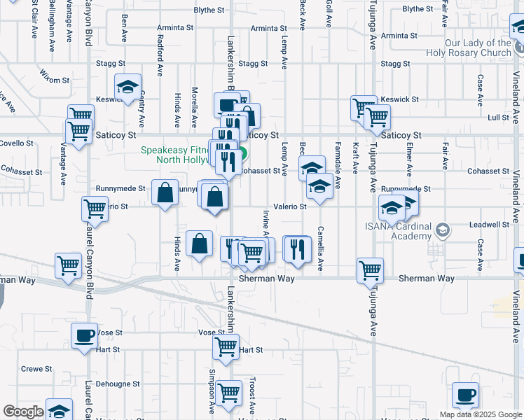 map of restaurants, bars, coffee shops, grocery stores, and more near 7353 Irvine Avenue in Los Angeles