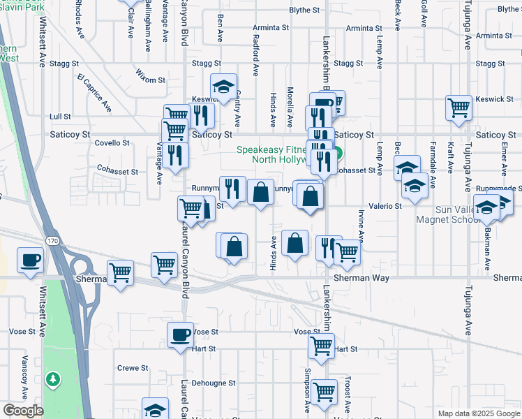 map of restaurants, bars, coffee shops, grocery stores, and more near 7358 Radford Avenue in Los Angeles