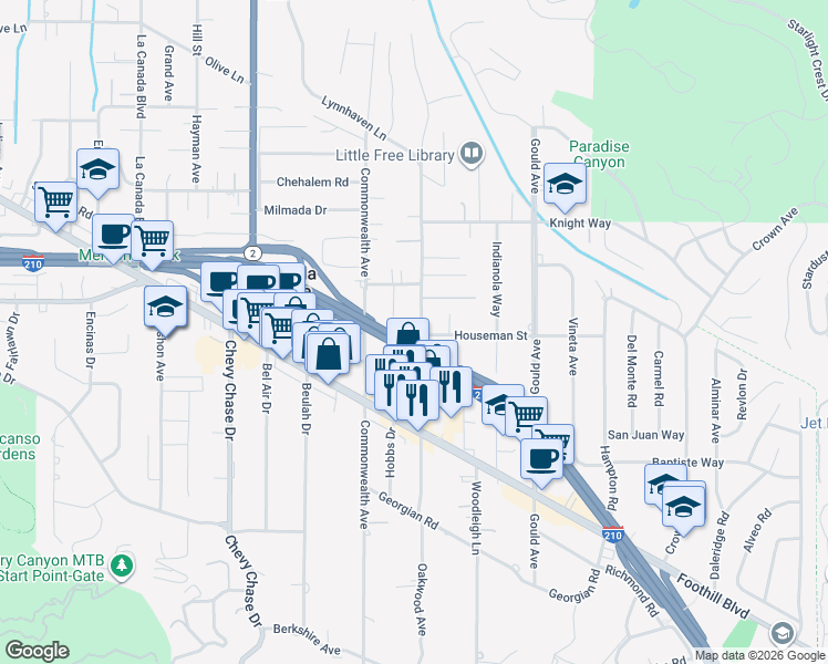 map of restaurants, bars, coffee shops, grocery stores, and more near 4703 Oakwood Avenue in La Cañada Flintridge