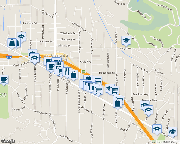 map of restaurants, bars, coffee shops, grocery stores, and more near 4703 Oakwood Avenue in La Cañada Flintridge