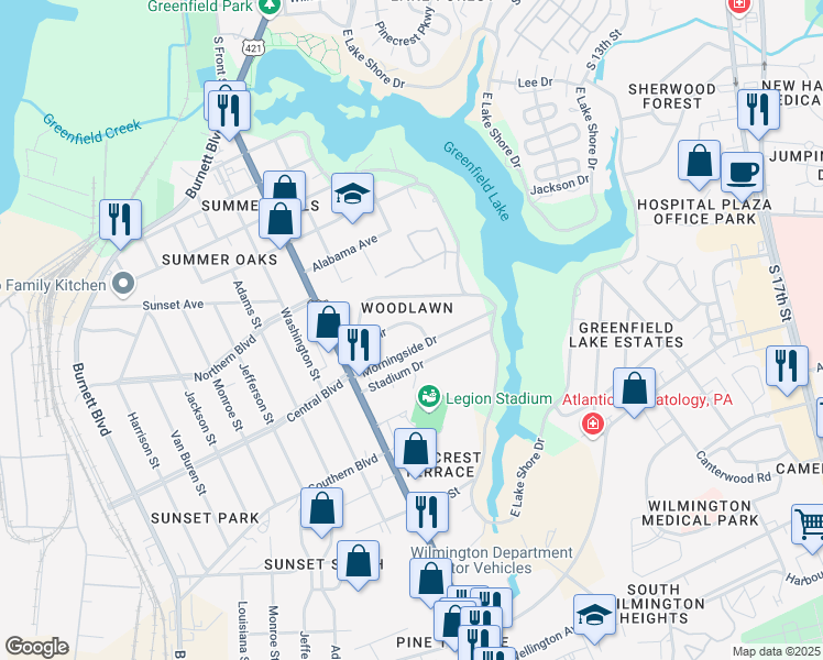 map of restaurants, bars, coffee shops, grocery stores, and more near 716 Ivey Circle in Wilmington
