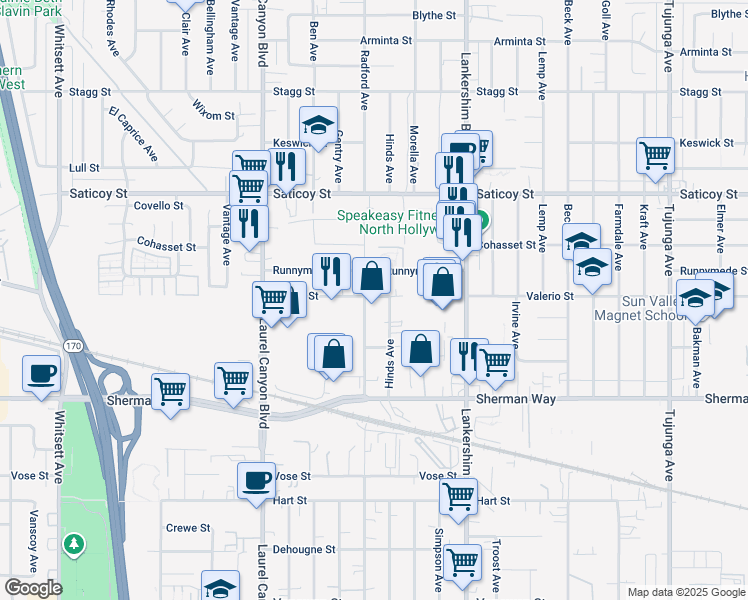 map of restaurants, bars, coffee shops, grocery stores, and more near 7358 Radford Avenue in Los Angeles